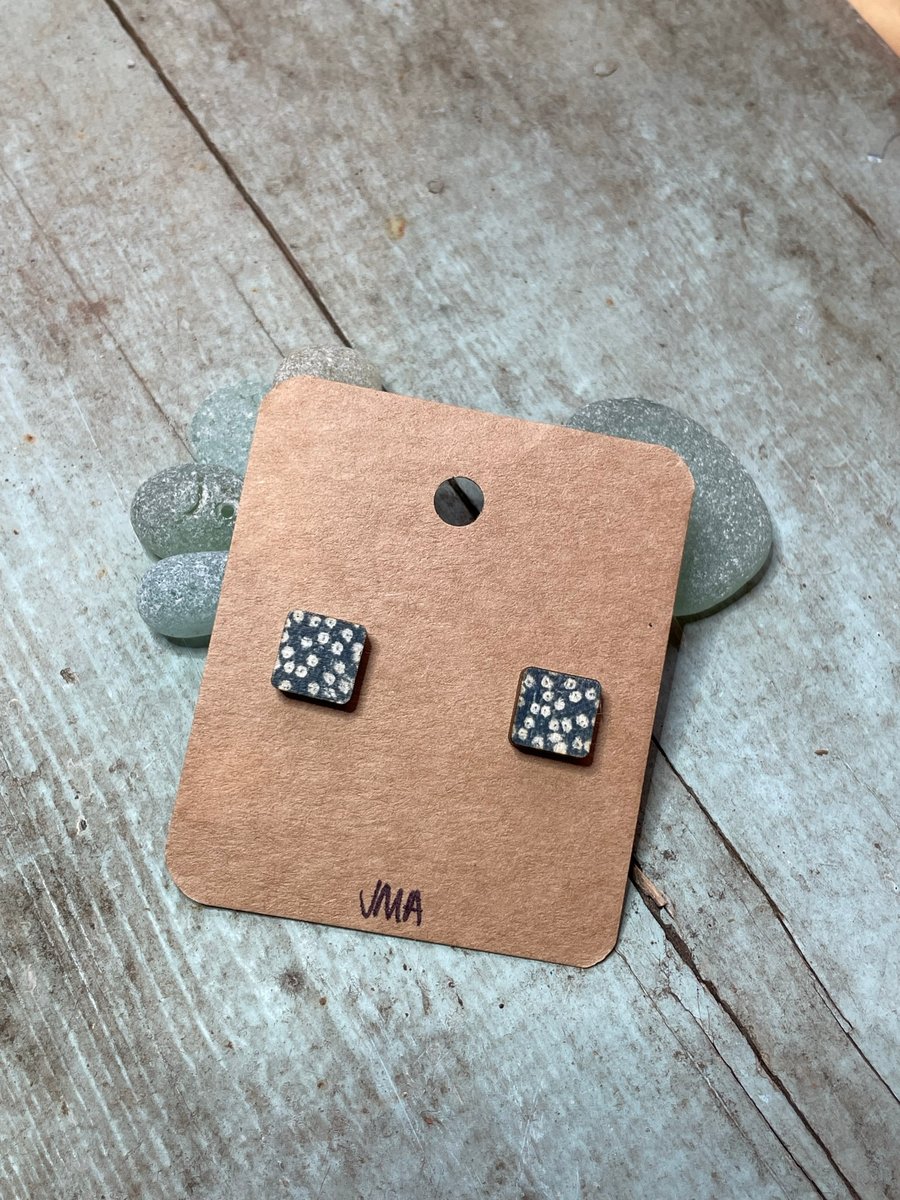 Square shape wooden print stud earrings handmade