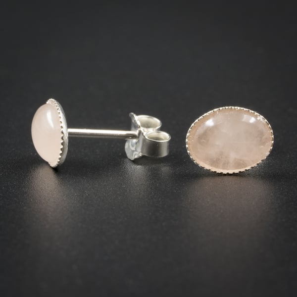 Rose quartz gemstone earrings, pale pink silver earrings.