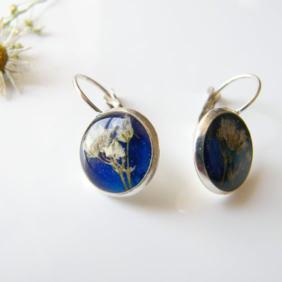 Pressed Flower Earrings in Blue Eco Friendly Resin 