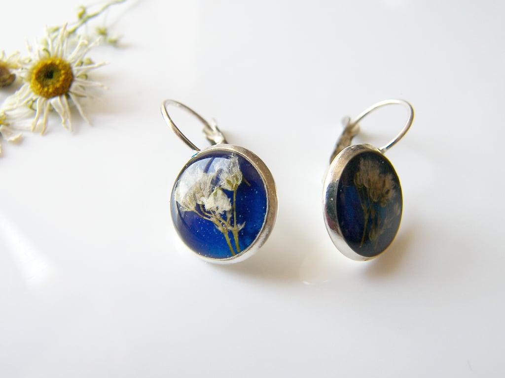 Pressed Flower Earrings in Blue Eco Friendly Resin 
