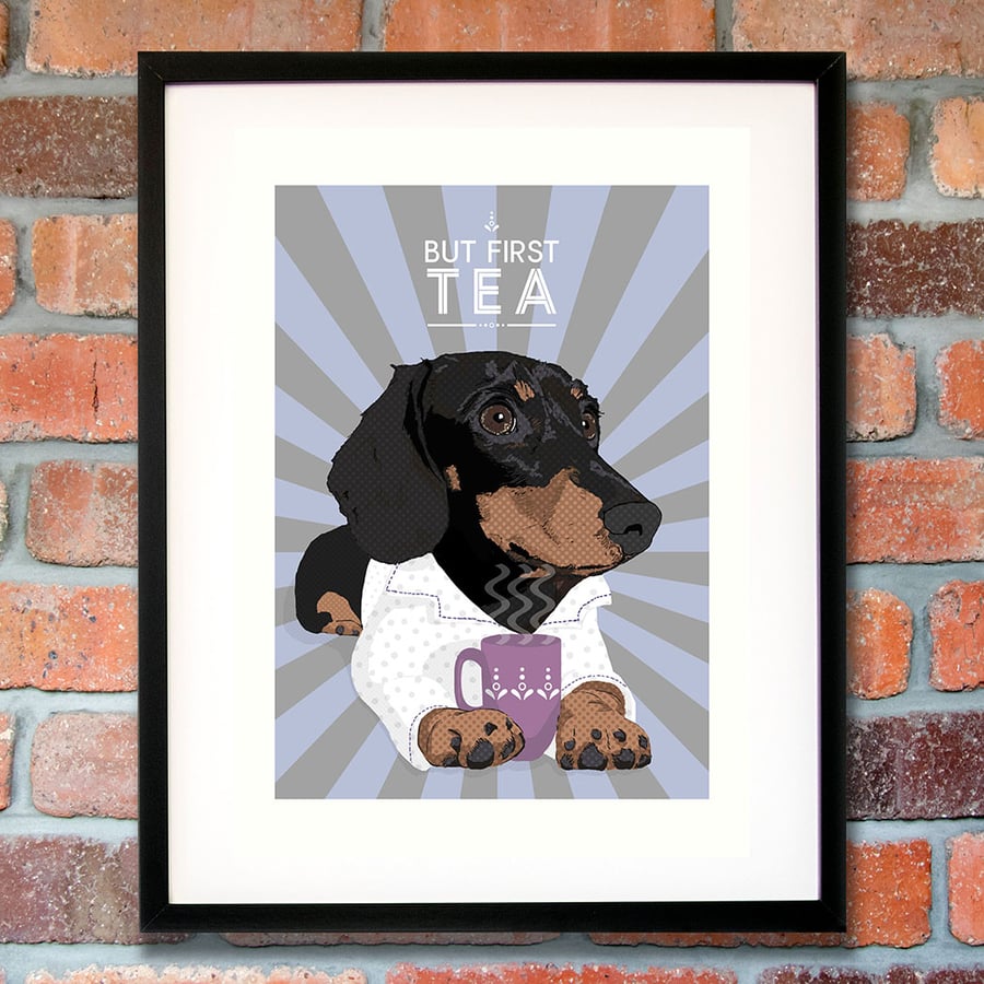 Dachshund art print - Gift for tea lover - Dachshund kitchen print - Tea print