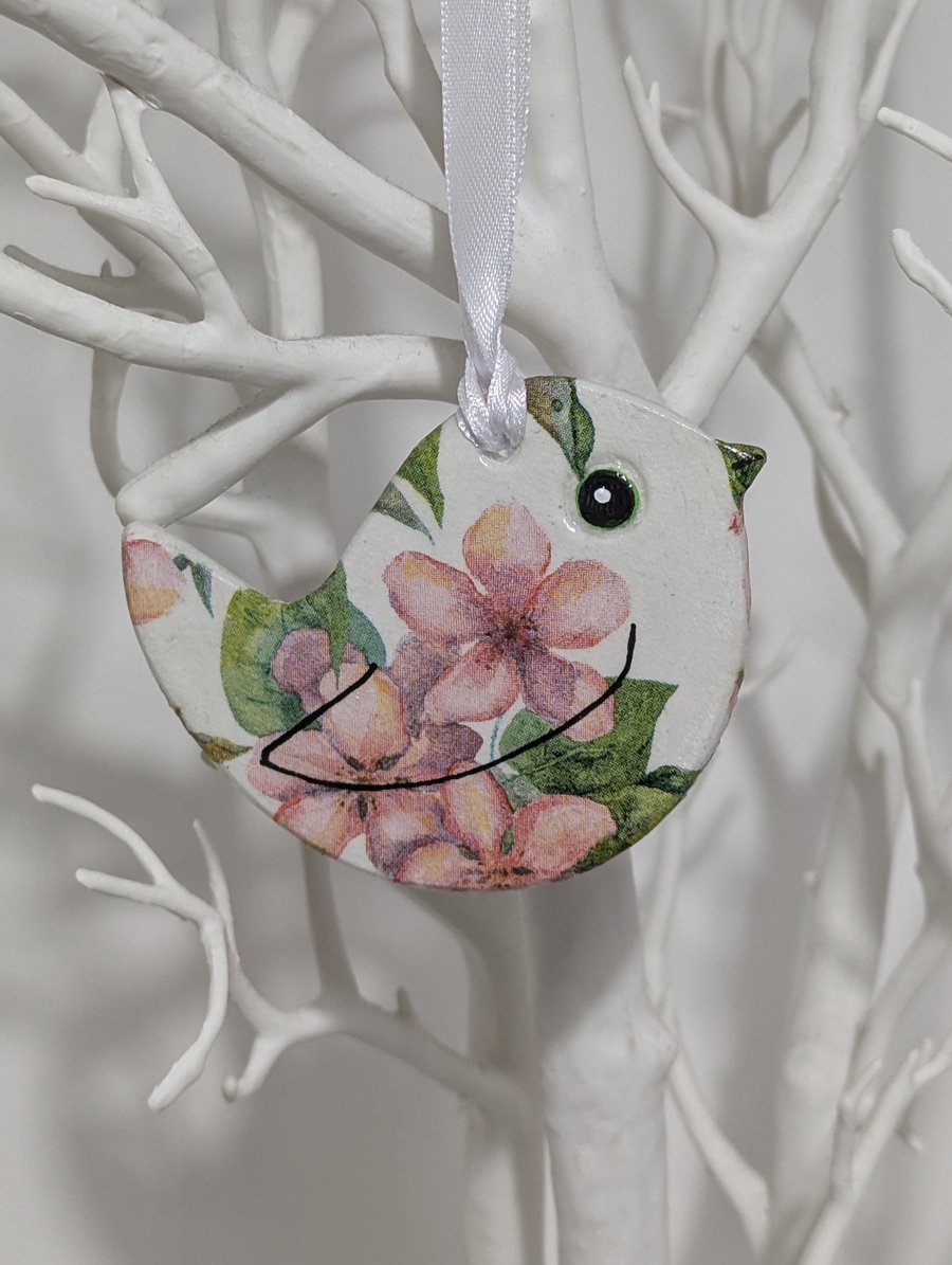 Bird decoration, decoupaged, hanging gift for her made from clay