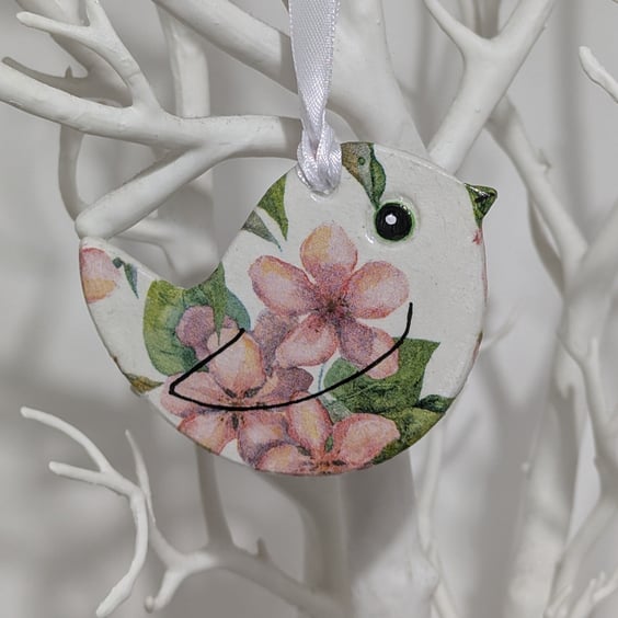 Bird decoration, decoupaged, hanging gift for her made from clay