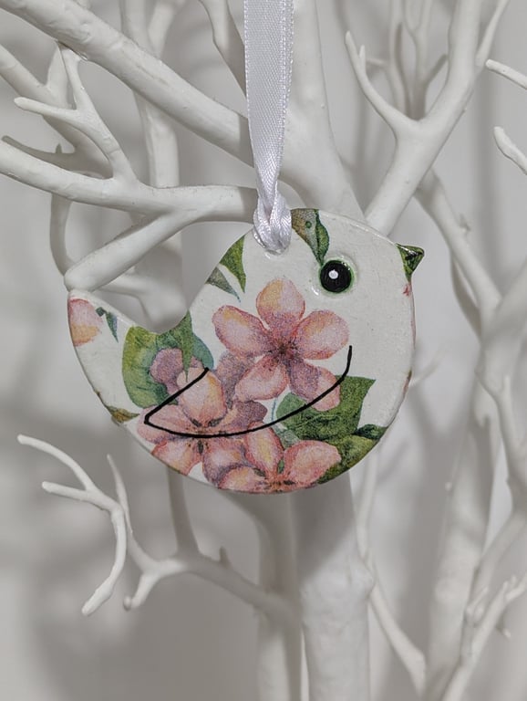 Bird decoration, decoupaged, hanging gift for her made from clay