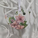Bird decoration, decoupaged, hanging gift for her made from clay