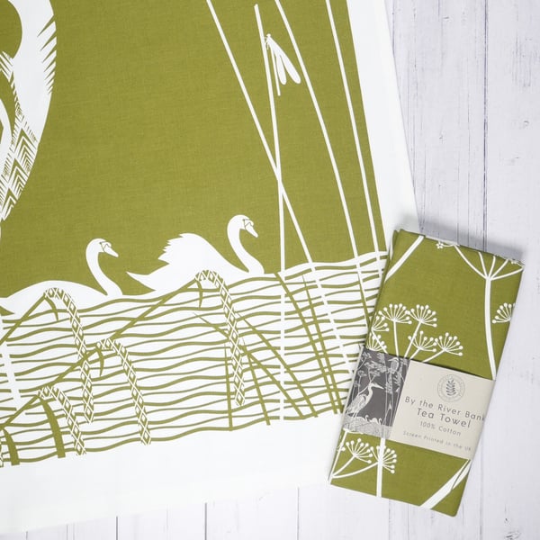 Olive Green Tea Towel: Screen Printed River Bank Wildlife Design