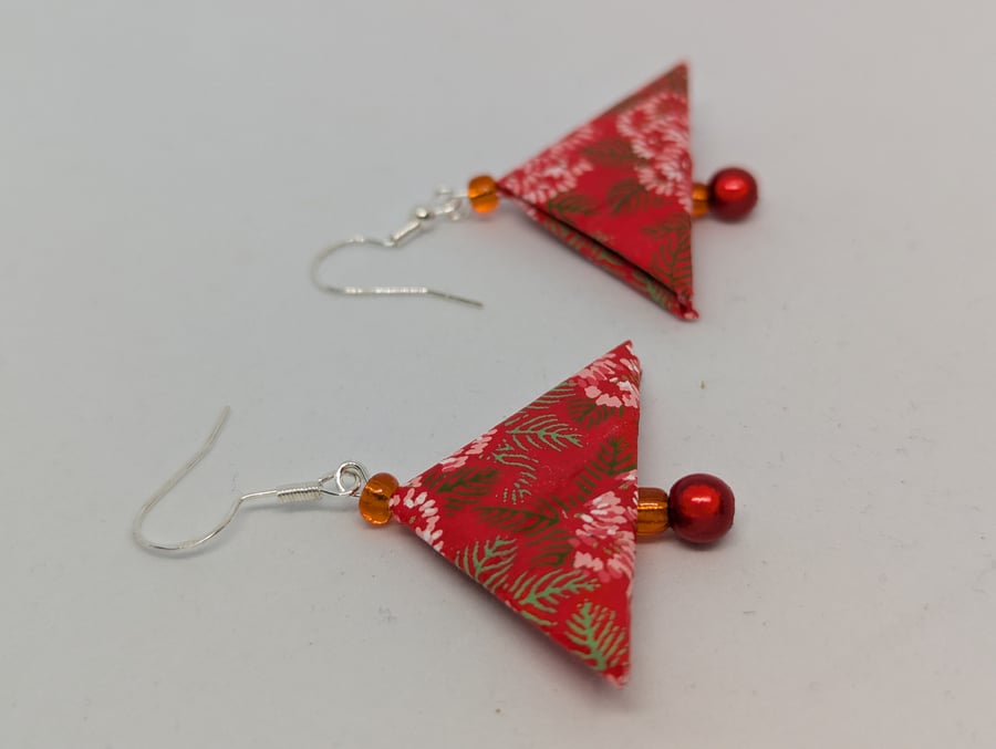 Japanese triangle paper earrings:  red, green and white