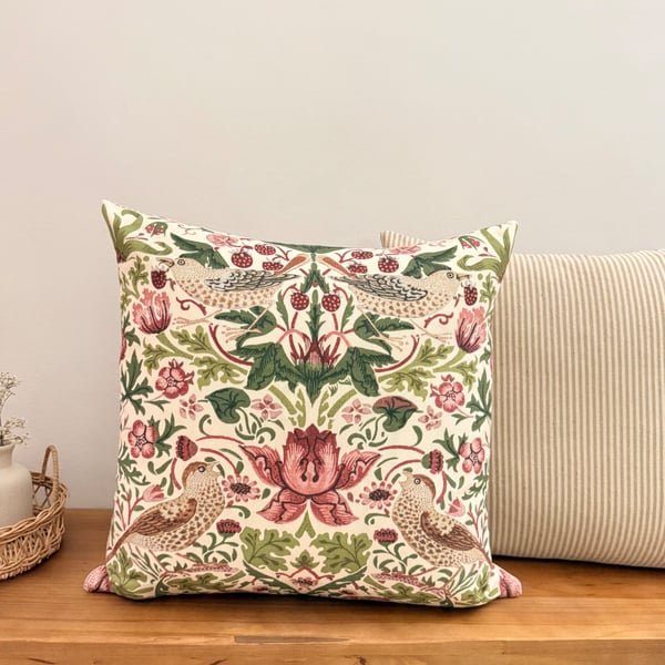 William Morris Strawberry Thief Cushion Cover - Rose & Green, Ticking Stripe