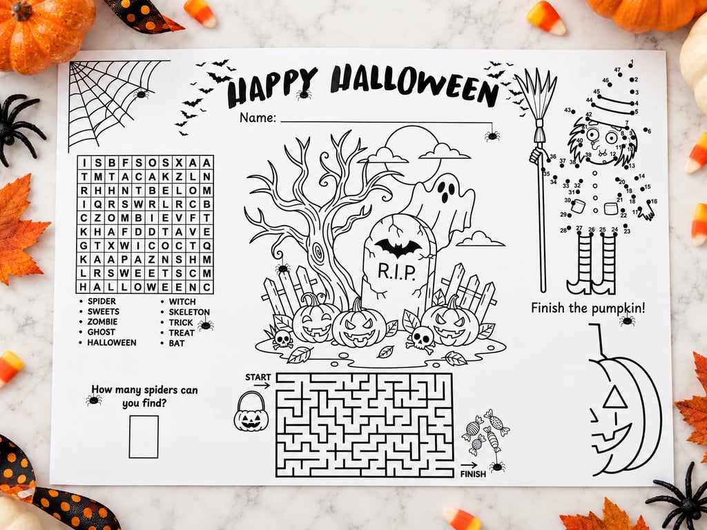 Halloween Kids Activity Placemats A3 - Set of 5 Children's Activity Sheets