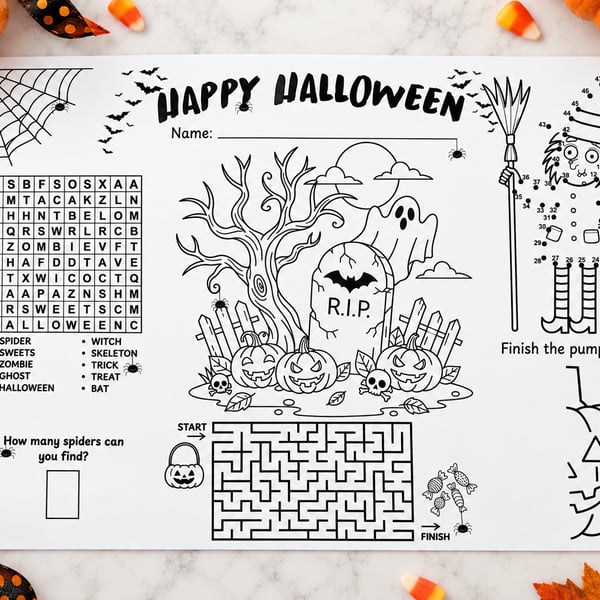 Halloween Kids Activity Placemats A3 - Set of 5 Children's Activity Sheets