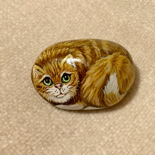 Cat hand painted pebble garden rock art pet stone portrait wildlife painting 