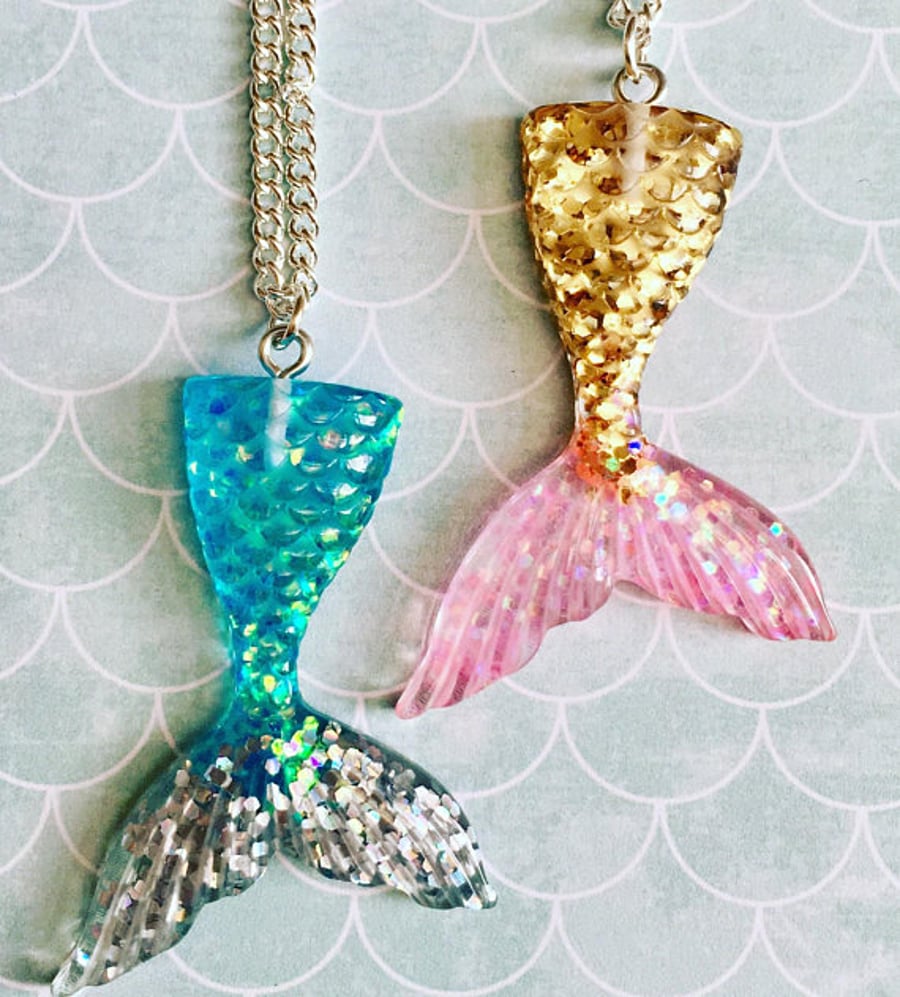 Sparkly Mermaid Tail necklaces in pink or turquoise glitter