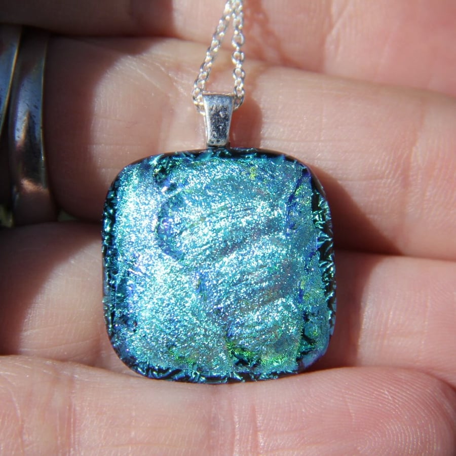 Turquoise dichroic layered glass pendant,  dichroic fused glass necklace SKU F50