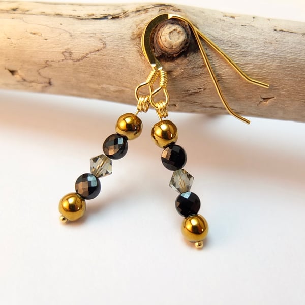 Black Spinel, Gold Hematite And Swarovski Crystal Earrings - Handmade In Devon