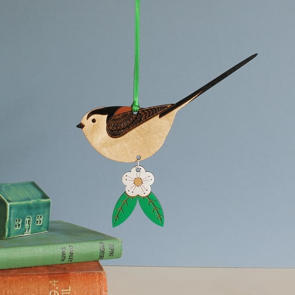 Hanging Long-Tailed Tit Wooden Decoration with Flower - Hand Painted