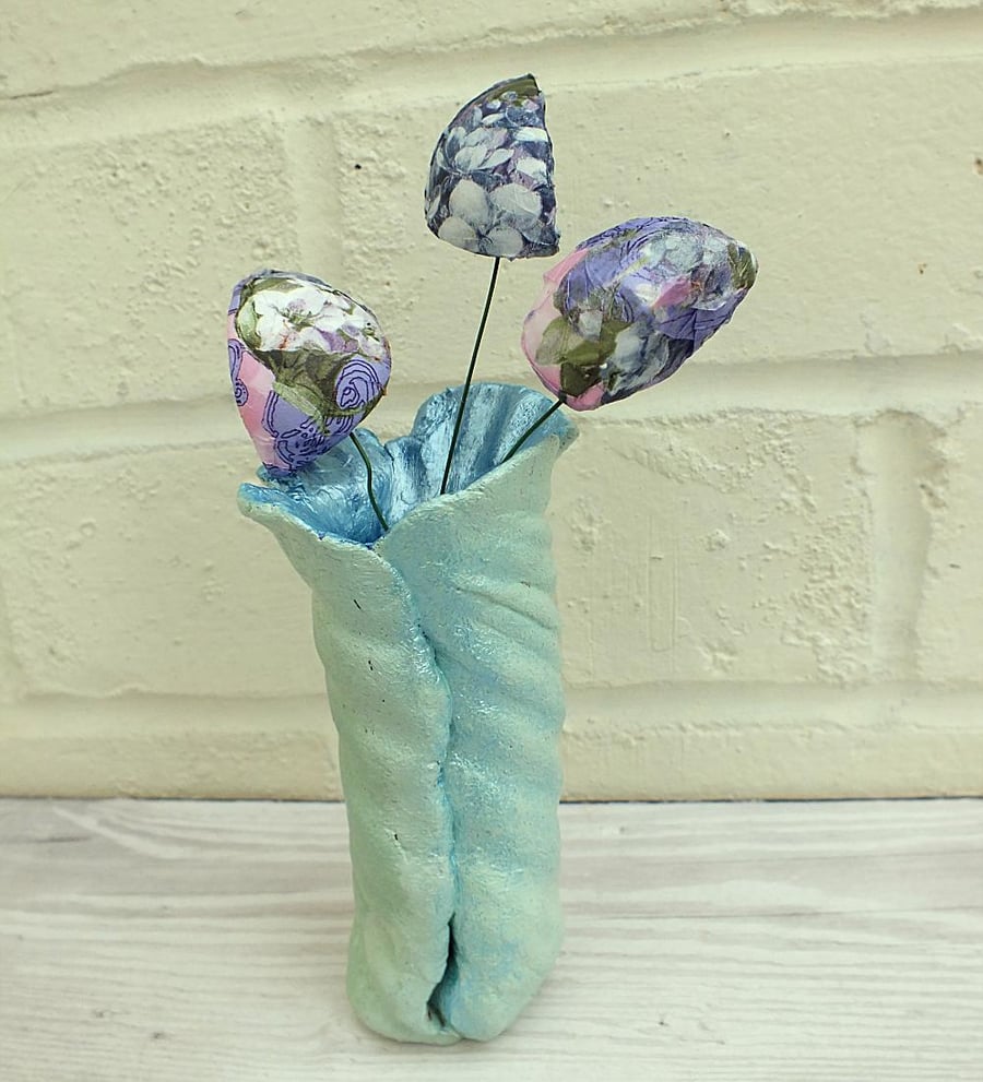 Rustic Two-toned Clay Vase With Decorative Flowers