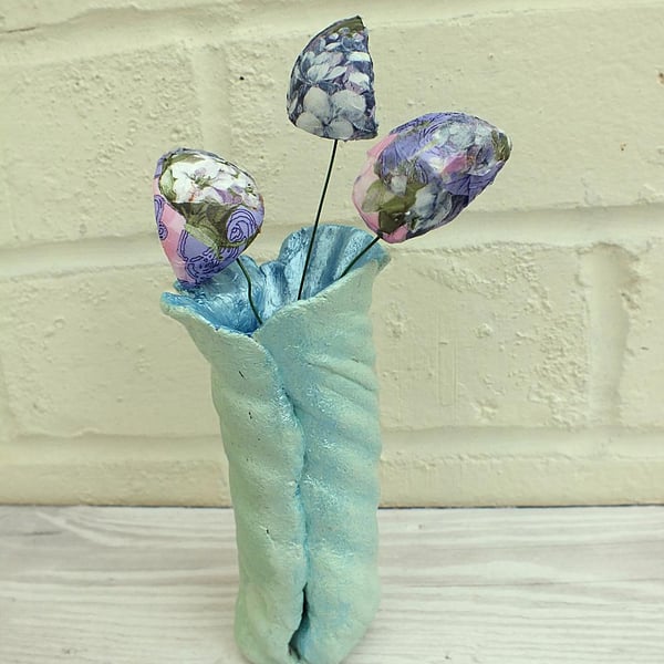 Rustic Two-toned Clay Vase With Decorative Flowers