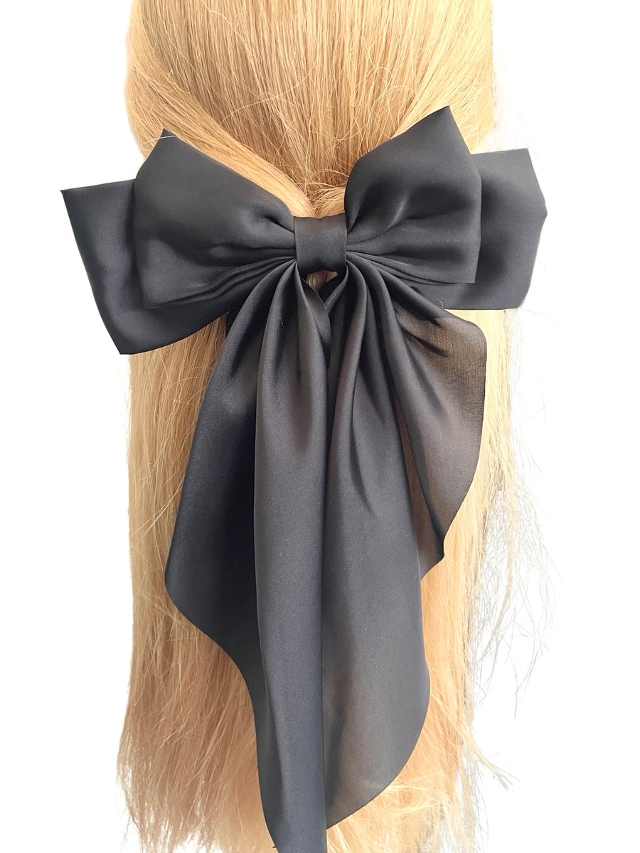 Black oversized long tail satin hair bow barrette clip for women