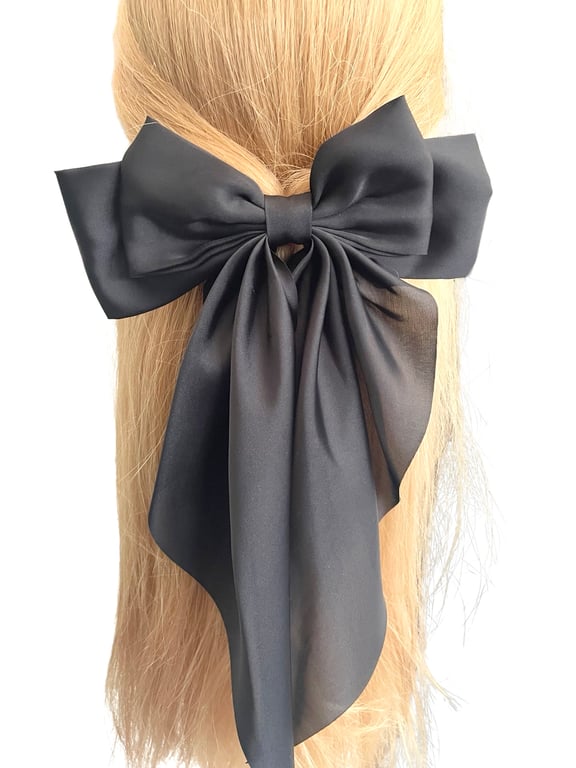 Black oversized long tail satin hair bow barrette clip for women