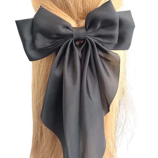 Black oversized long tail satin hair bow barrette clip for women