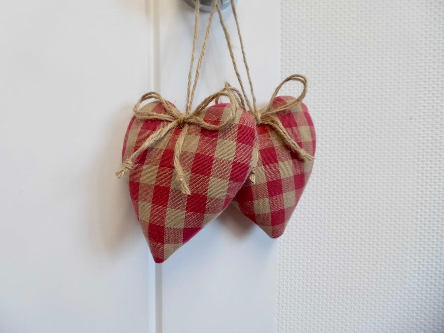 Pair hanging hearts Laura Ashley raspberry pink check gingham