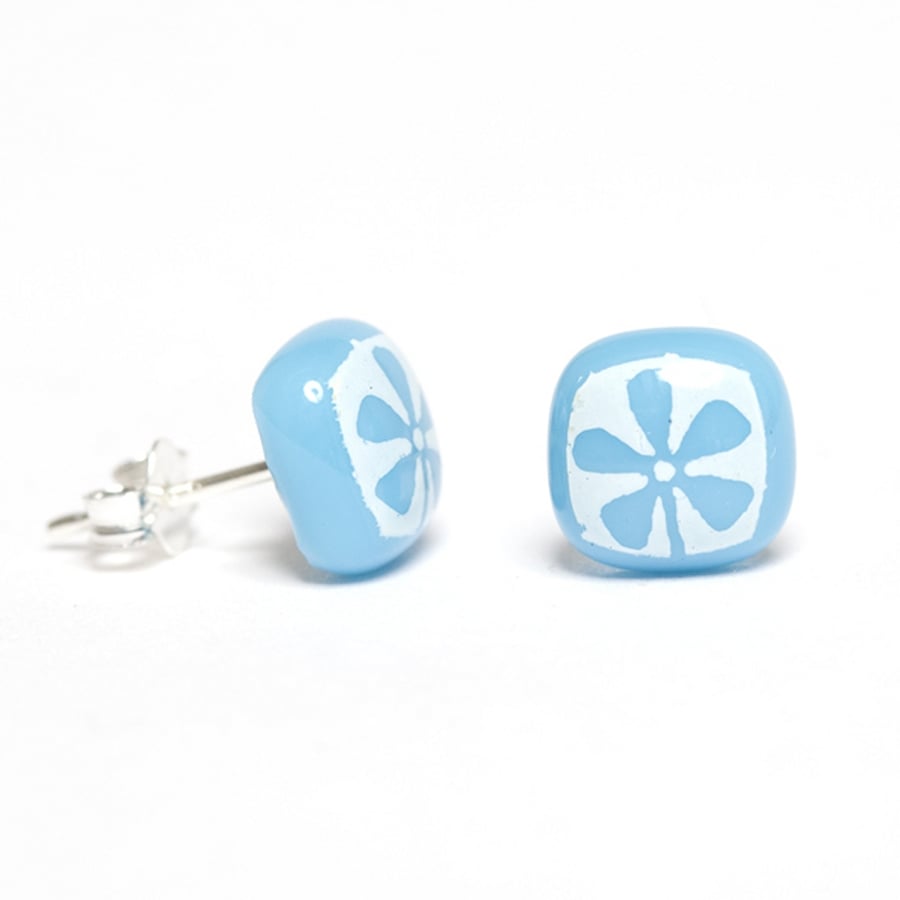 White Flower Earrings Fused Glass with Screen Printed Kiln Fired Enamel