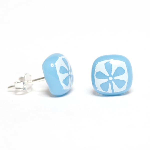 White Flower Earrings Fused Glass with Screen Printed Kiln Fired Enamel