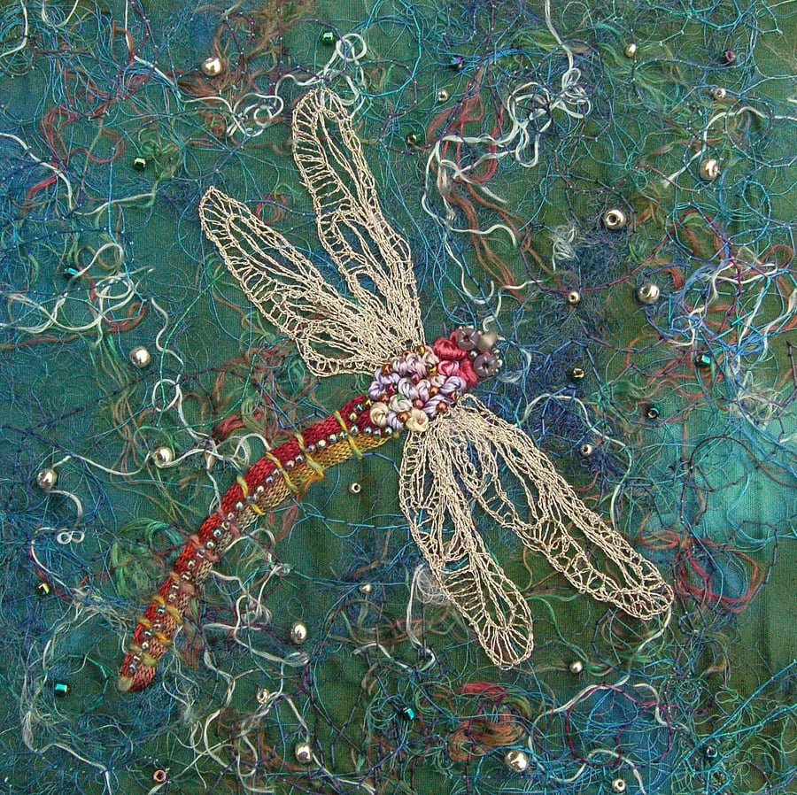 Dragonfly framed print, embroidered textile art
