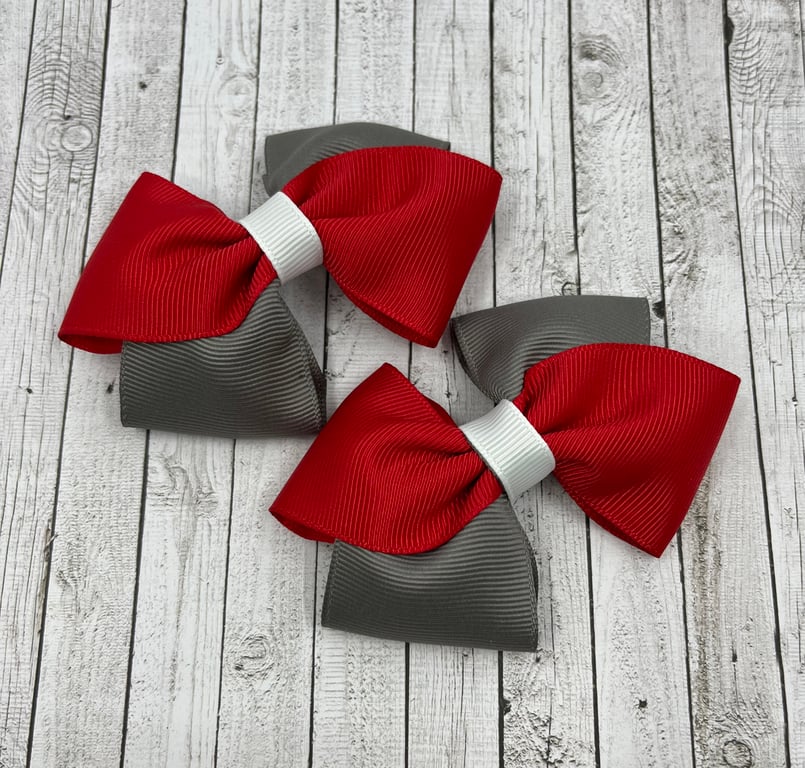 School Red, Grey and White Diagonal Double with Bows on Clips (pair)