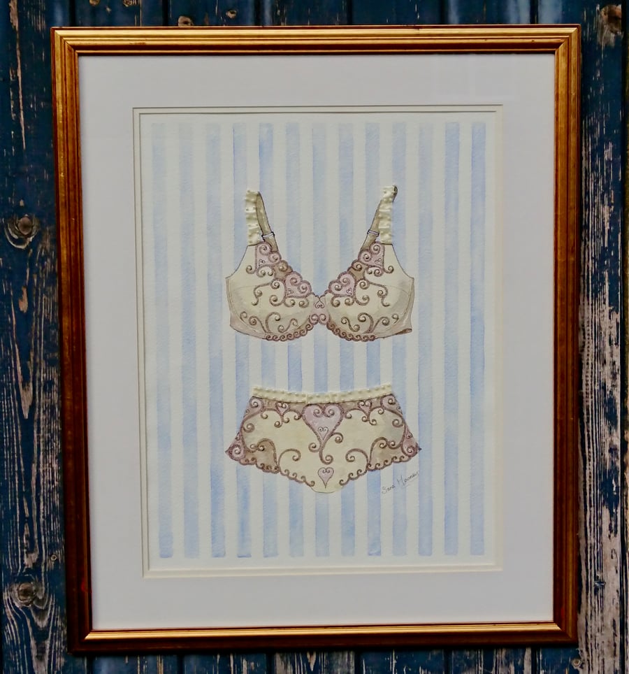 Cream bra and knickers painting with hand-stitched seed pearls and ribbon