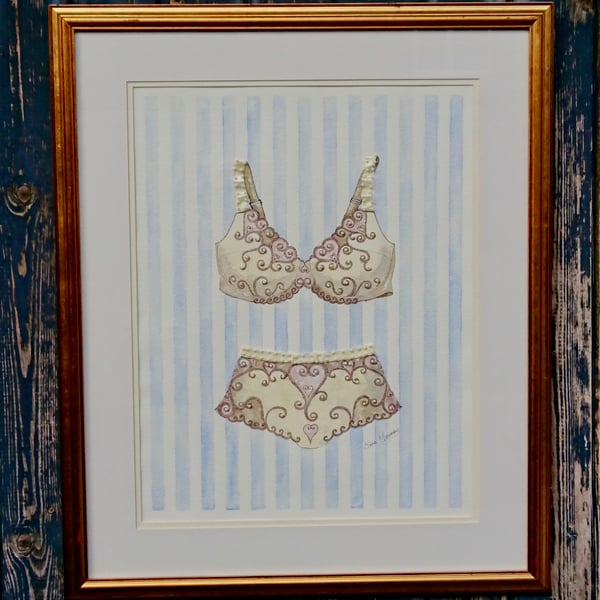 Cream bra and knickers painting with hand-stitched seed pearls and ribbon