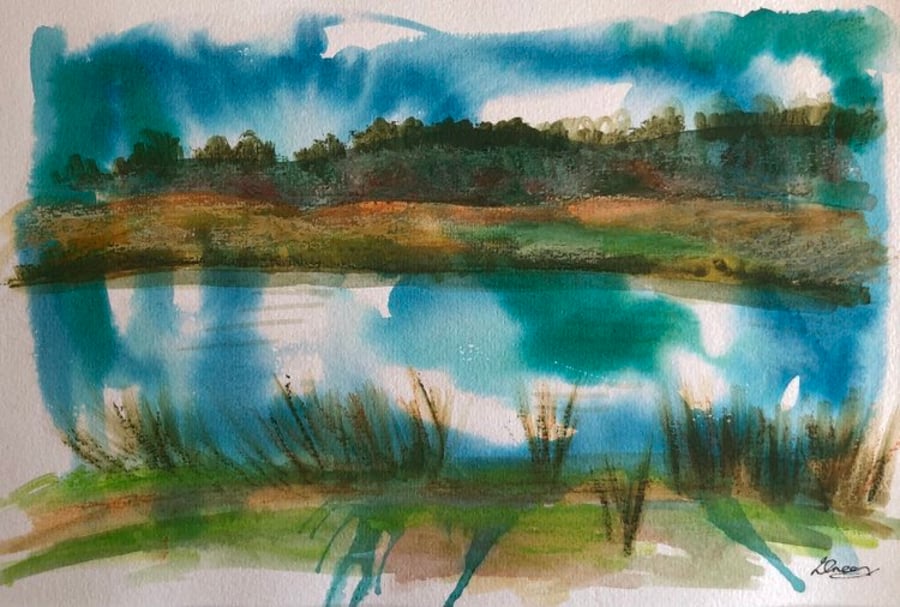 Original watercolour painting of lake