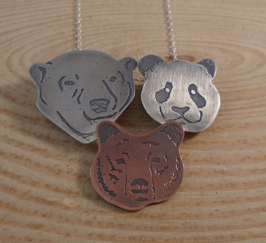 Sterling Silver and Copper Three Bear Heads Necklace