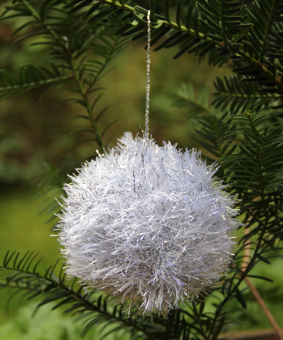 Hand Knitted Silver Tinsel Bauble