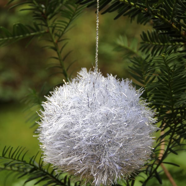 Hand Knitted Silver Tinsel Bauble
