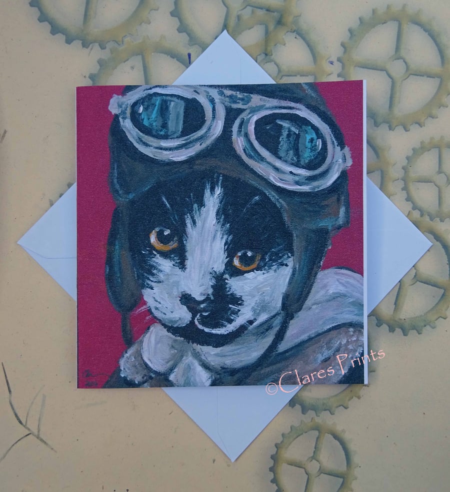 Flying Kitty Cat Card Steampunk From my Original Acrylic Painting  