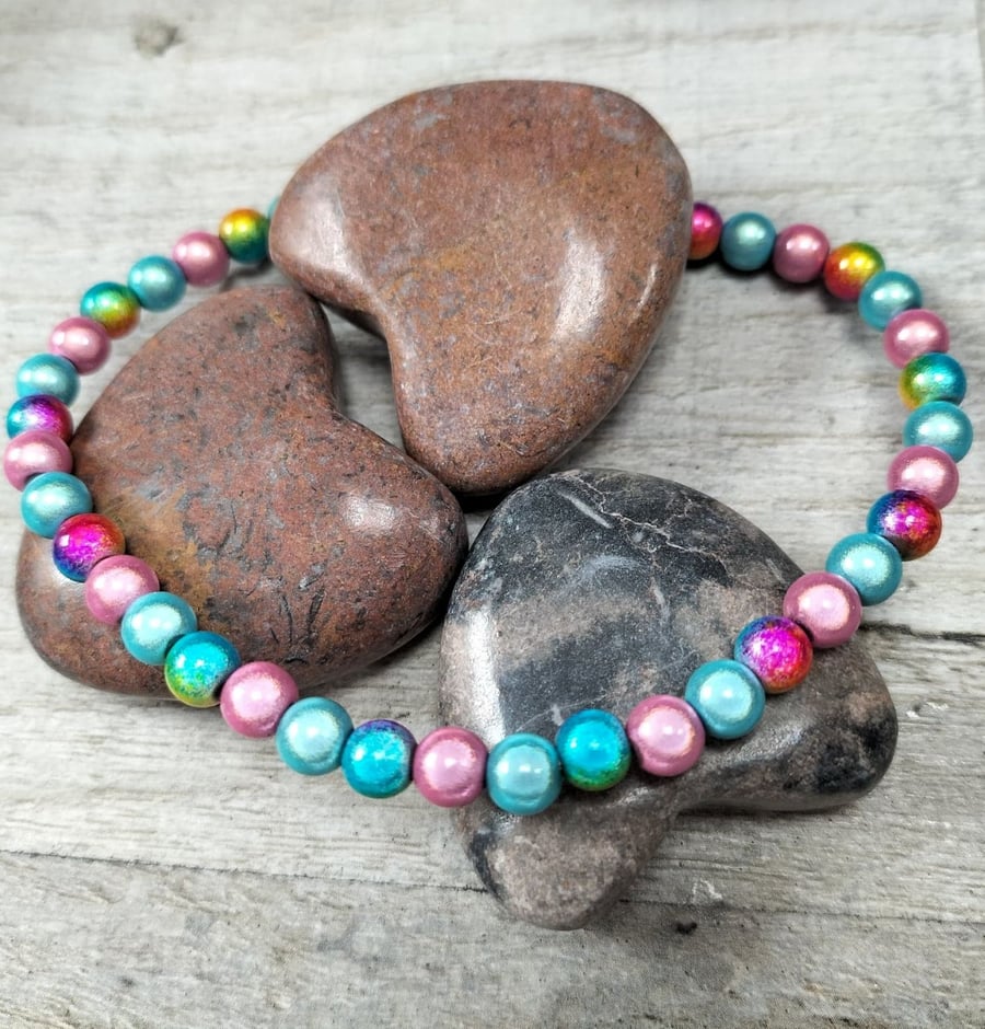 Blue, pink and rainbow miracle bead elasticated anklet