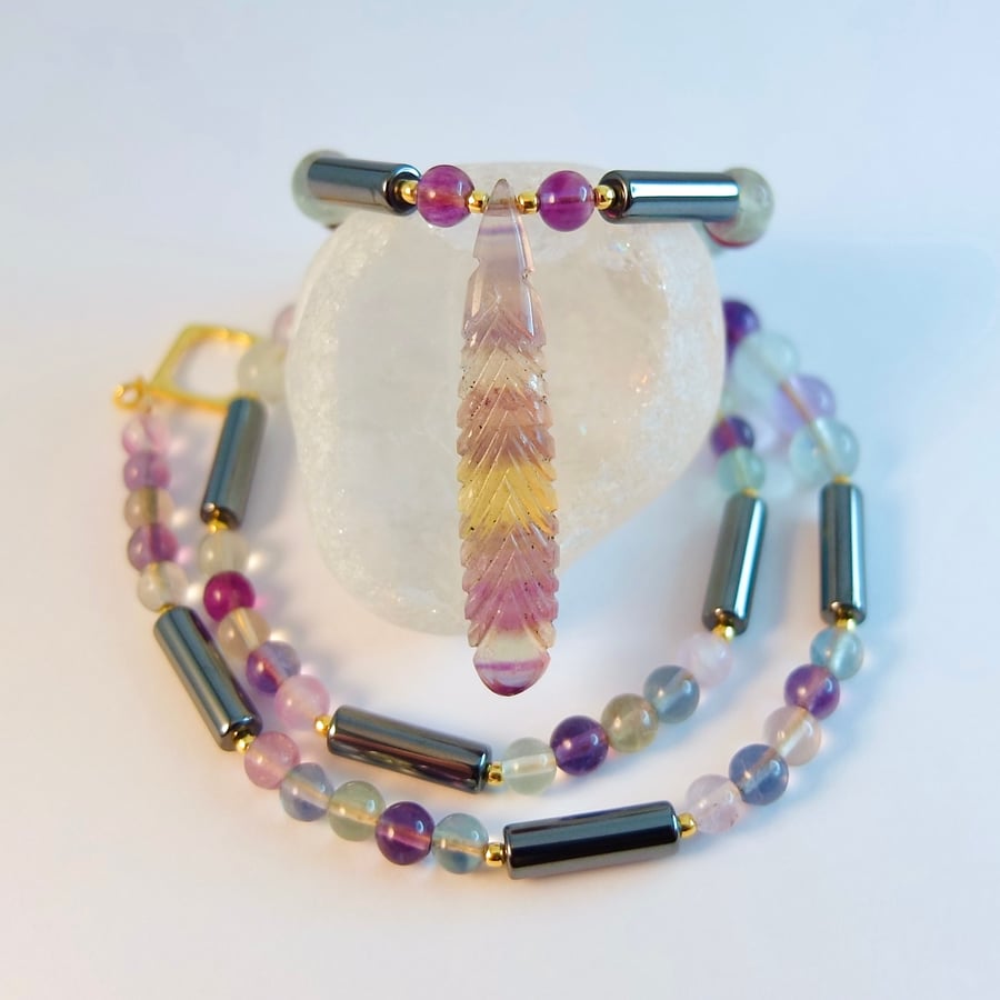 Carved Fluorite Pendant On Beaded Necklace, Birthday, Anniversary, Gifts For Her