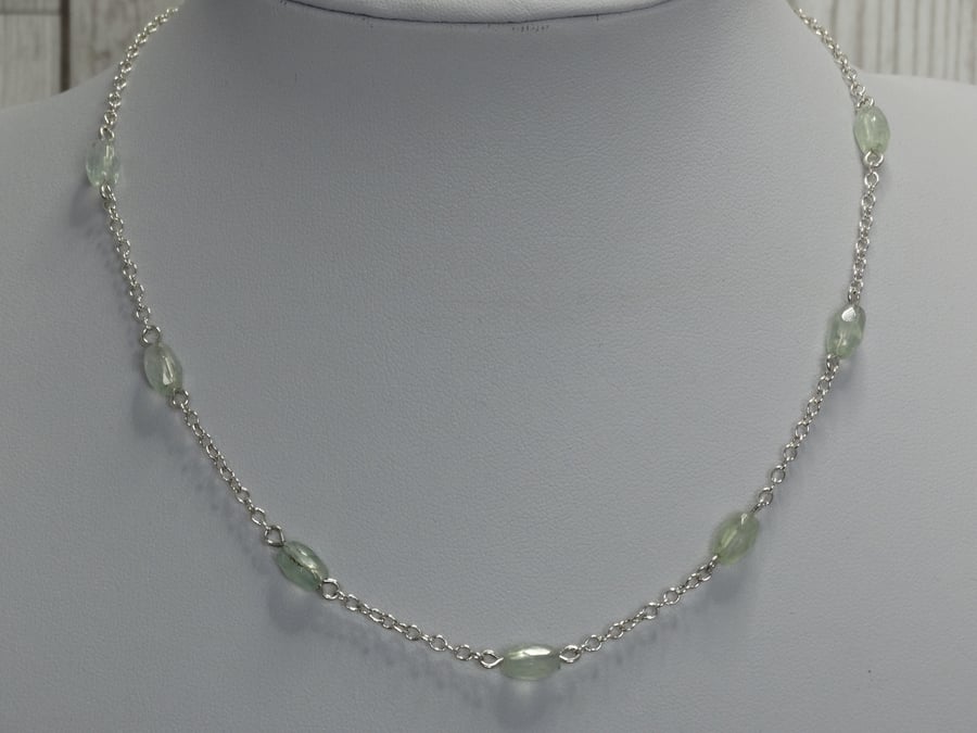 Prehnite gemstone bead necklace silver chain heart chakra