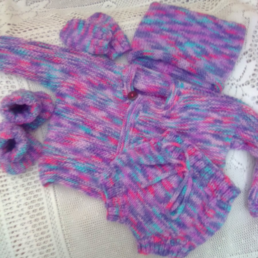 Hand Knitted Cardigan Pants Hat Booties and Mittens Set, Baby's Clothes Set