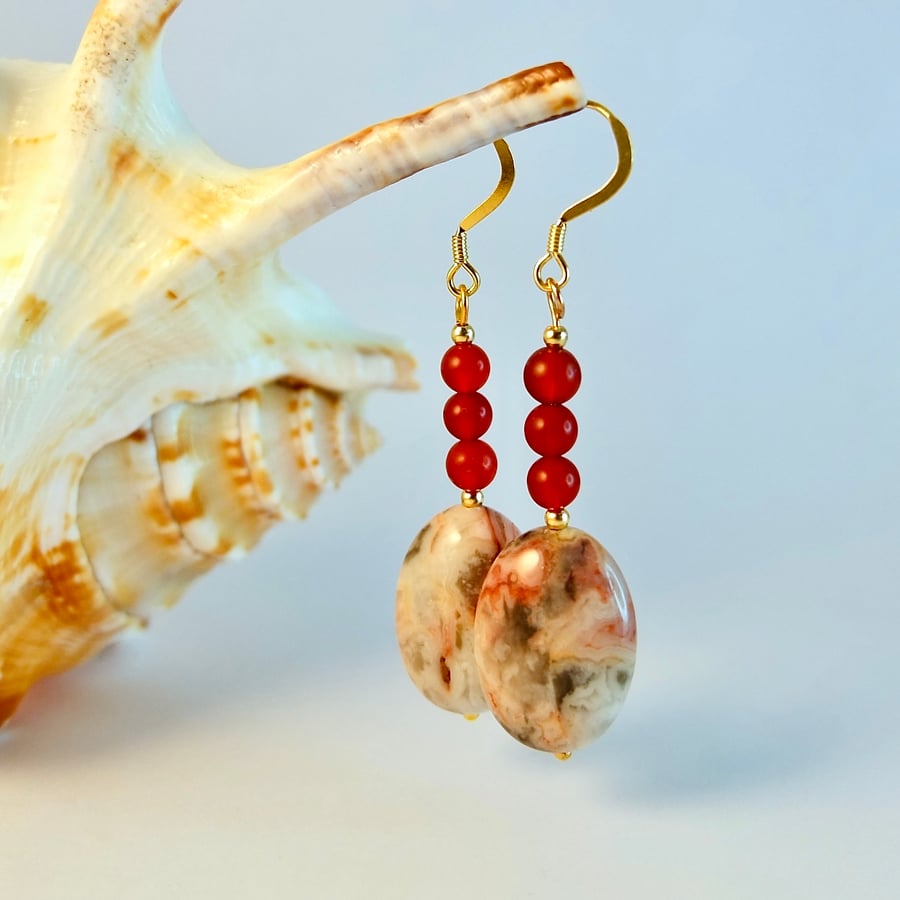 Crazy Lace Agate & Carnelian Earrings - Handmade Gift, Birthday, Anniversary 