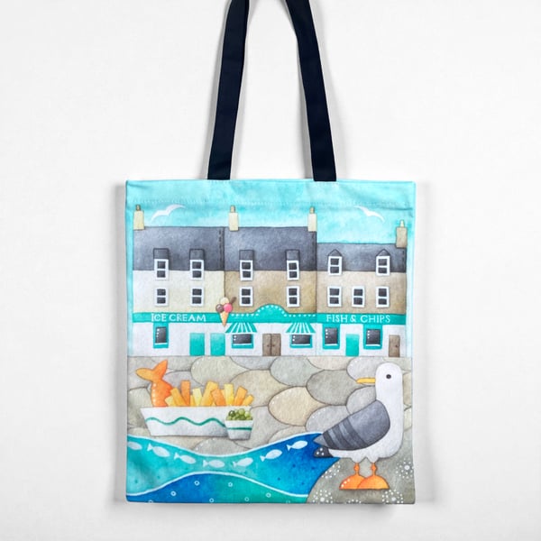 Seagull Shopping Bag - Seaside Tote Bag - Chip Shop Coastal Nautical Cotton Bag