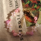 Pink Blossom Beaded Bracelet – Handmade Floral Glass Beads with Gold Finish