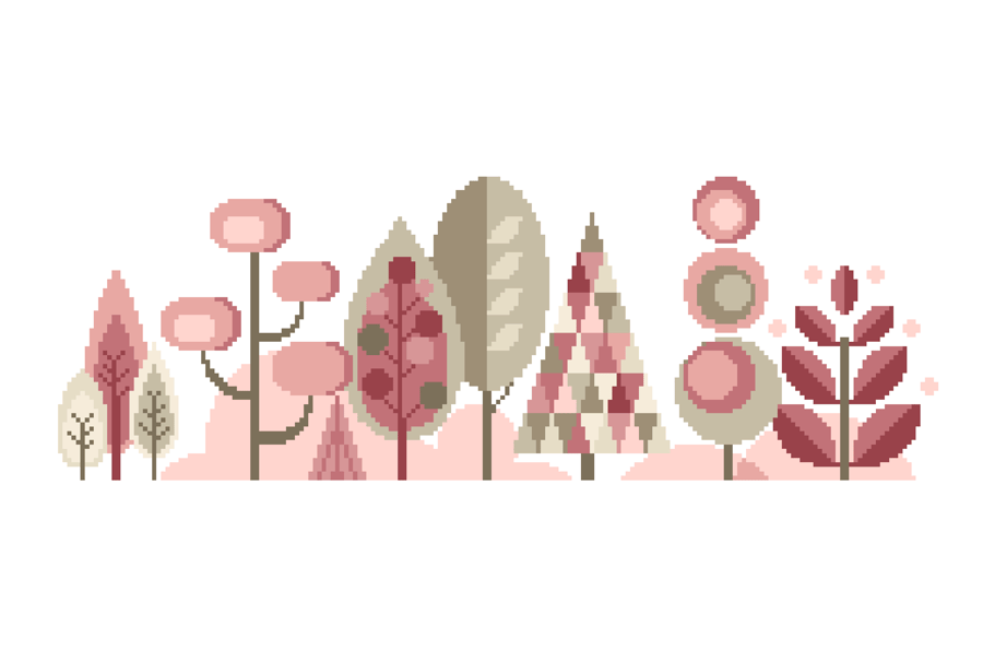 050F - Cross Stitch Scandinavian Forest Trees - PASTELS - Pink-Beige 