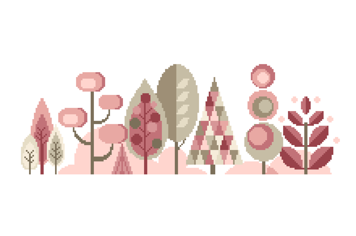 050F - Cross Stitch Scandinavian Forest Trees - PASTELS - Pink-Beige 