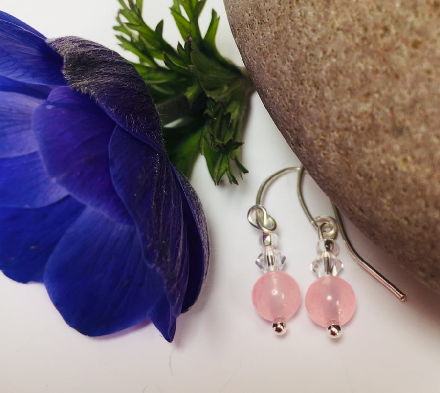 Sterling Silver Rose Quartz and Swarovski Crystal Earrings
