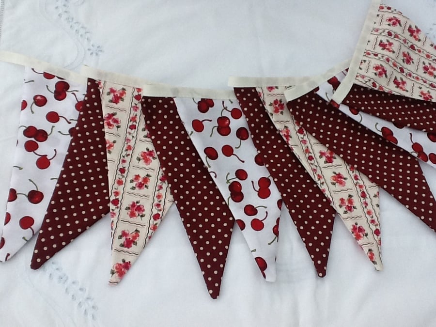 Dark Red Bunting - 11 flags, cherries, floral and spots 8ft with ties