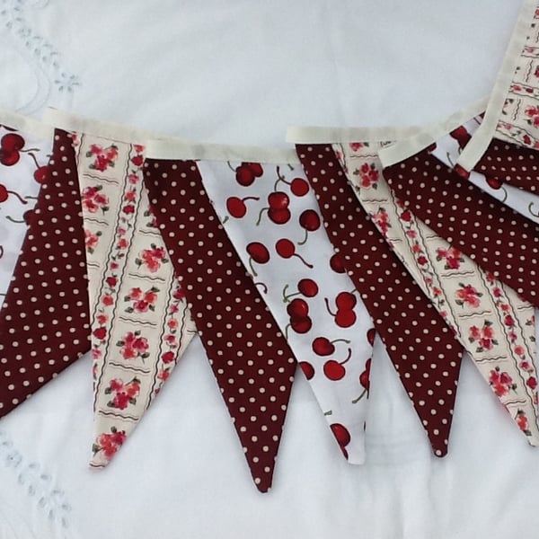 Dark Red Bunting - 11 flags, cherries, floral and spots 8ft with ties