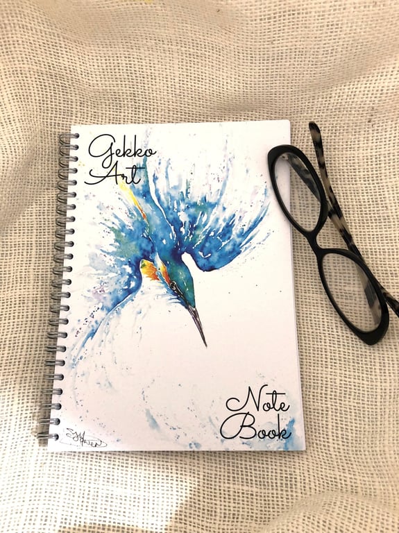 Kingfisher Notebook, A5 Size Spiral bound Notepad, Wildlife Art Cover Design, Li