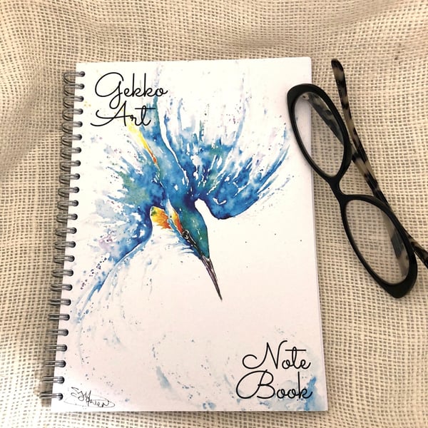 Kingfisher Notebook, A5 Size Spiral bound Notepad, Wildlife Art Cover Design, Li
